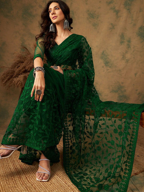 Sangria Floral Embroidered Net Sarees