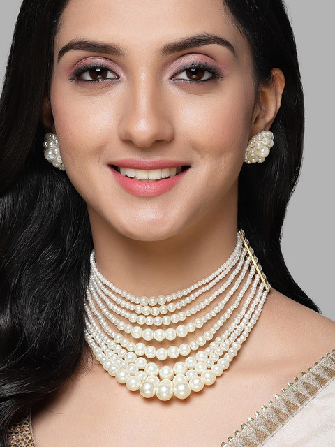 KARATCART Gold-Plated Pearl Beaded Choker Necklace & Earrings