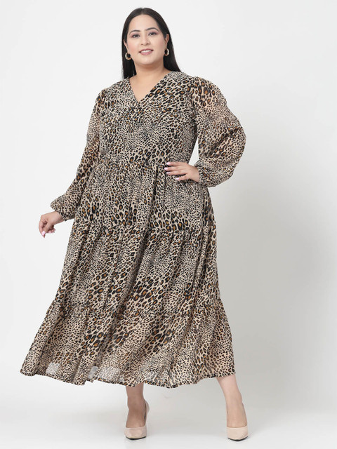 plusS Plus Size Brown & Beige Animal Printed V-Neck Puff Sleeve Fit & Flare Dress