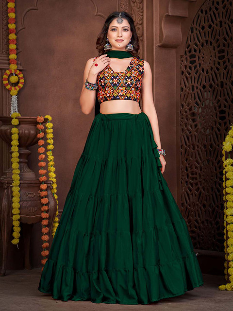 KALINI Embroidered Thread Work Semi-Stitched Lehenga & Unstitched Blouse With Dupatta
