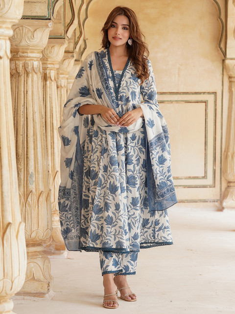 KALINI Floral Printed Regular Pure Cotton Kurta & Trousers With Dupatta
