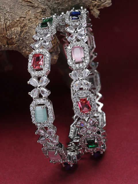 ZENEME Set Of 2 Rhodium-Plated Square Shaped American Diamond-Studded Bangles