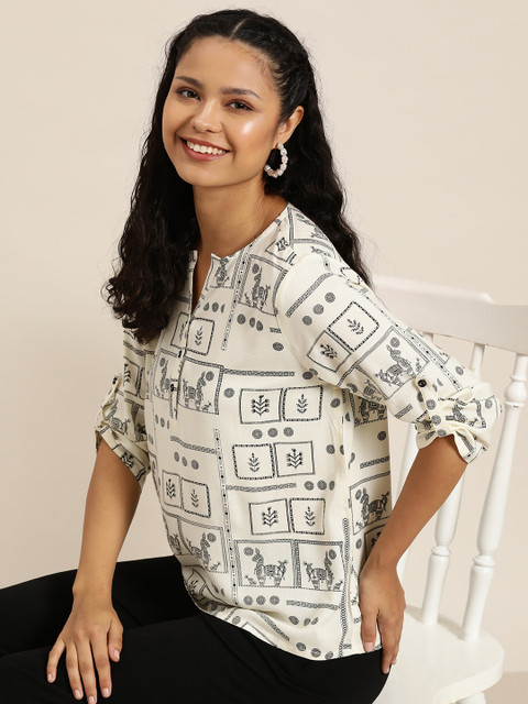 HERE&NOW Ethnic Motifs Printed Mandarin Collar Bohemian Top