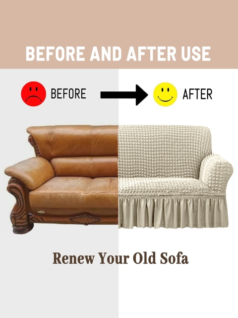 Cortina Beige Self-Design Stretchable 3-Seater Sofa Cover - Image 5