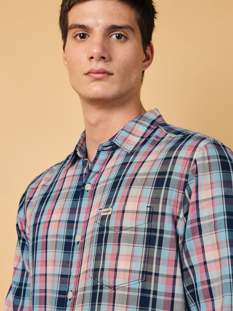 Wrangler Spread Collar Tartan Checked Twill Casual Cotton Shirt - Image 3