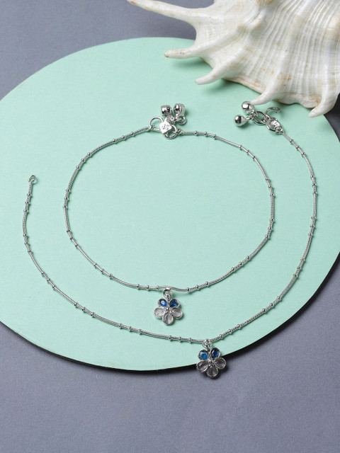 ZENEME Rhodium-Plated Artificial Stone-Studded & Beaded Anklets