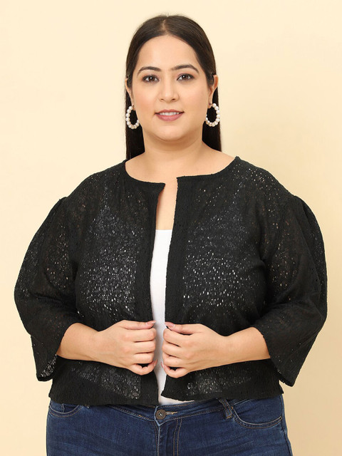 UnaOne Plus Size Self Design Open Front Cotton Crop Shrug