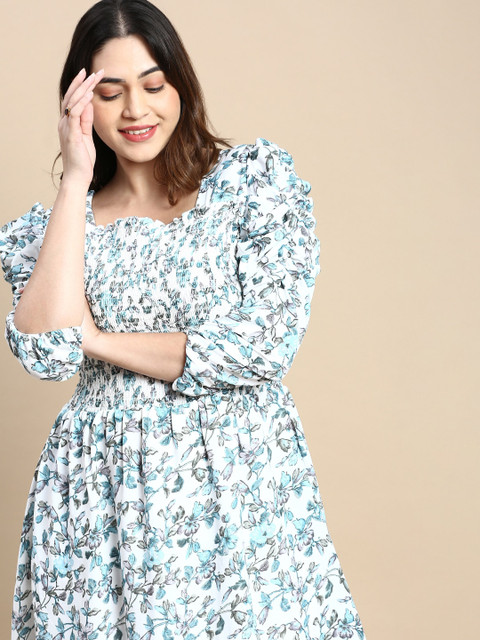 SHOWOFF Plus Plus Size Floral Printed Puff Sleeve Smocked Fit & Flare Midi Dress
