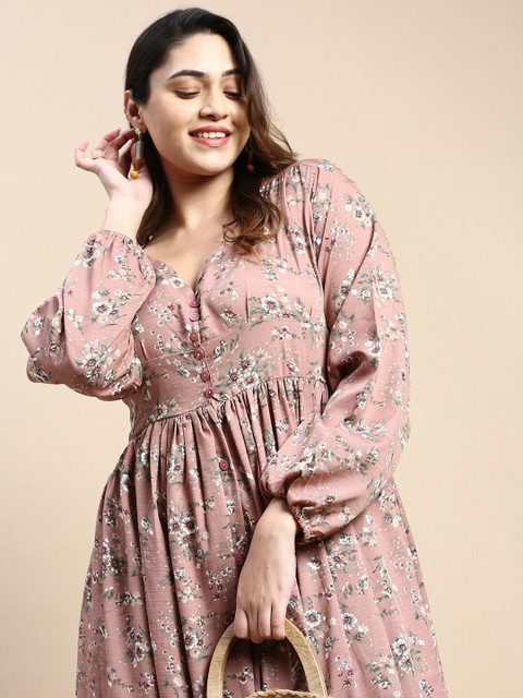 SHOWOFF Plus Plus Size Floral Printed Smocked Georgette A Line Dress