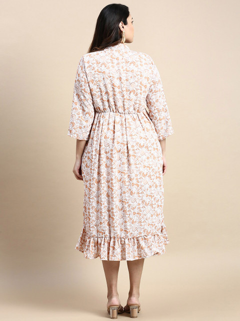 SHOWOFF Plus Floral Printed Tie-Up Neck Georgette Fit & Flare Dress - Image 5
