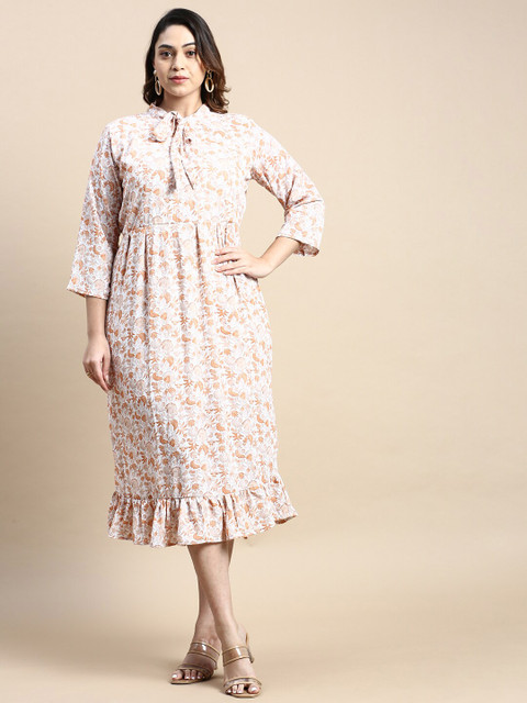SHOWOFF Plus Floral Printed Tie-Up Neck Georgette Fit & Flare Dress - Image 3