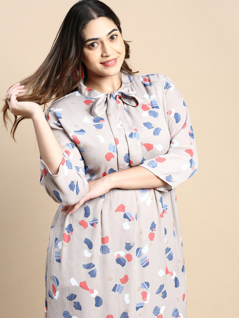 SHOWOFF Plus Abstract Printed Tie-Up Neck Georgette A-Line Midi Dress