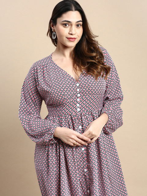SHOWOFF Plus Plus Size Geometric Printed Puff Sleeve Gathered Fit & Flare Midi Dress
