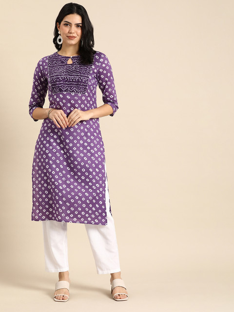 Anouk Women Bandhani Printed Keyhole Neck Gotta Patti Kurta - Image 3