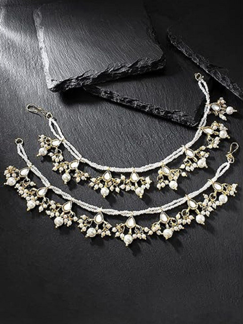 I Jewels Set Of 2 Gold-Toned Pearl Beaded Contemporary Drop Hair Chain