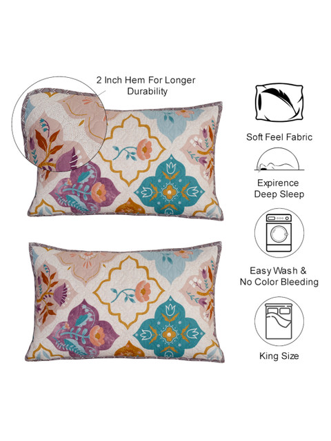 DREAM WEAVERZ Purple & Yellow Printed Double King Quilted Bed Cover With 2 Pillow Covers - Image 7