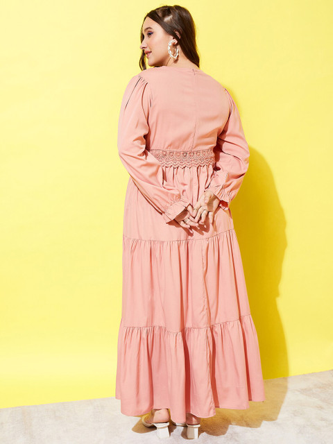 Berrylush Curve Plus Size Pink V-Neck Lace Insert Tiered Maxi Dress - Image 4