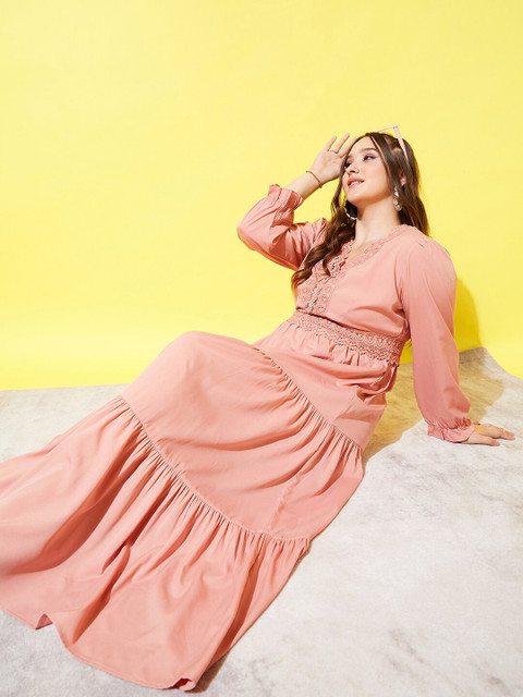 Berrylush Curve Plus Size Pink V-Neck Lace Insert Tiered Maxi Dress - Image 6