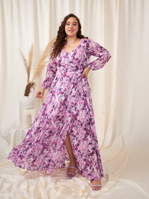 Berrylush Curve Plus Size White & Purple Floral Printed Waist Tie-Ups Wrap Maxi Dress