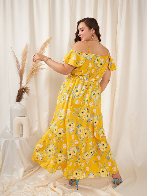 Berrylush Curve Yellow Plus Size Floral Printed Fit & Flare Maxi Dress - Image 5