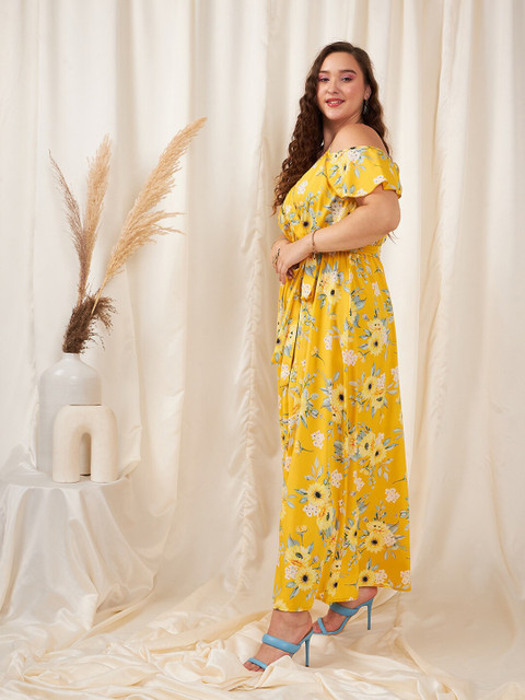Berrylush Curve Yellow Plus Size Floral Printed Fit & Flare Maxi Dress - Image 4