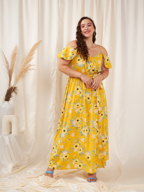 Berrylush Curve Yellow Plus Size Floral Printed Fit & Flare Maxi Dress - Image 3