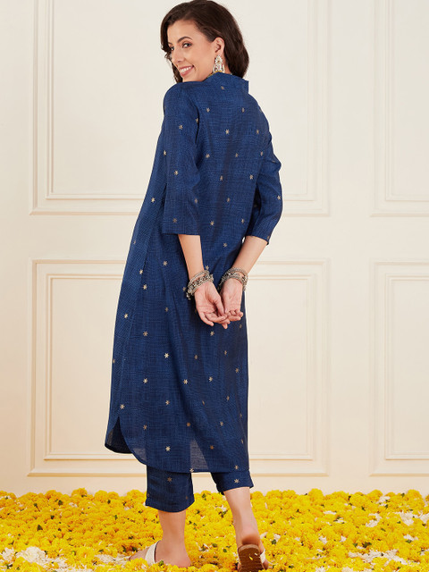 Sangria Ethnic Motifs Printed V-Neck Straight Kurta With Trouser - Image 6