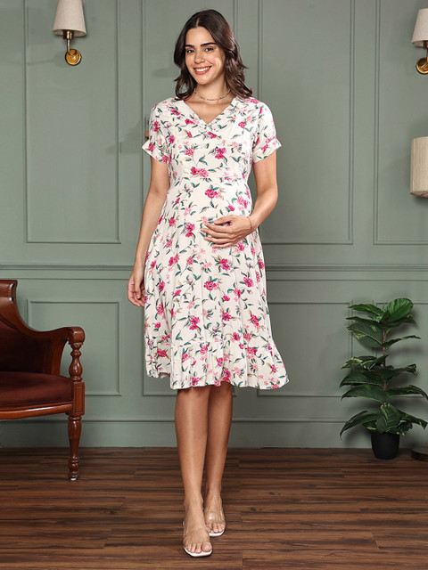 MomToBe Floral Printed Puff Sleeve Maternity A-Line Dress