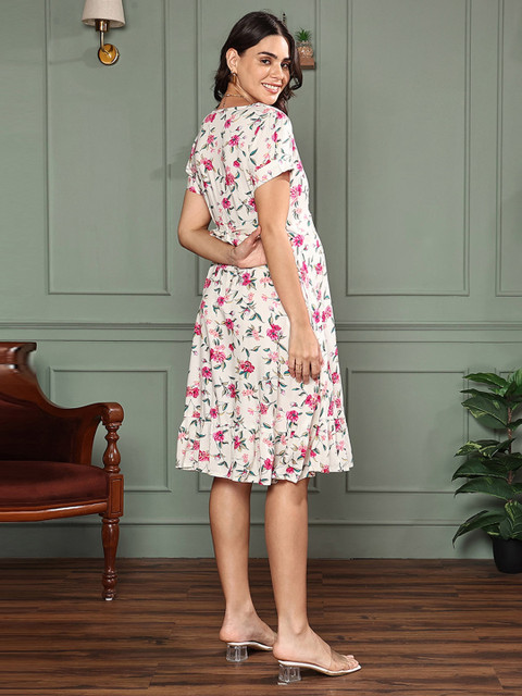 MomToBe Floral Printed Puff Sleeve Maternity A-Line Dress - Image 5