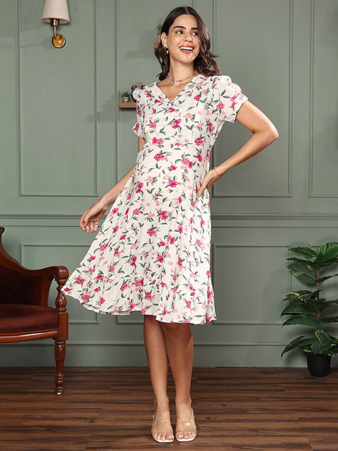 MomToBe Floral Printed Puff Sleeve Maternity A-Line Dress - Image 2