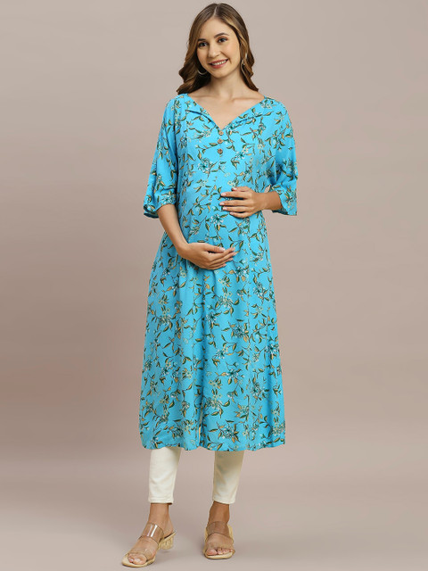 MomToBe Floral Printed V-Neck Panelled Maternity Kurta
