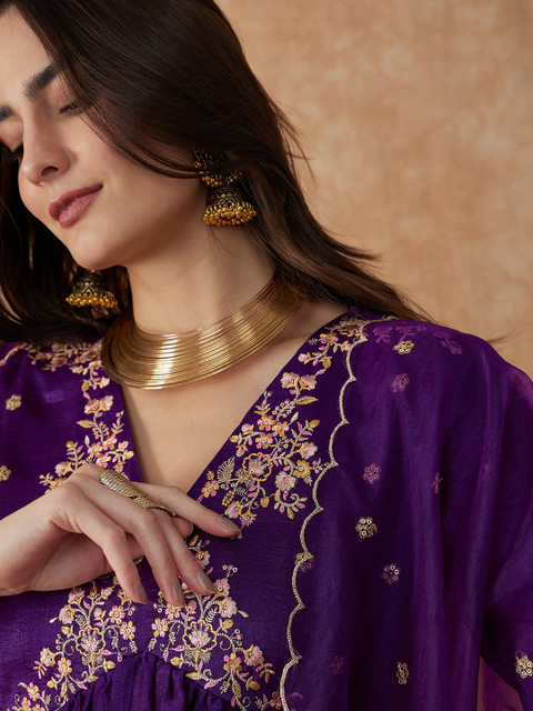 Sangria Alia Cut Ethnic Motifs Embroidered Anarkali Kurta With Palazzo & Dupatta Set - Image 2