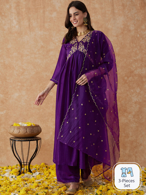 Sangria Alia Cut Ethnic Motifs Embroidered Anarkali Kurta With Palazzo & Dupatta Set - Image 5