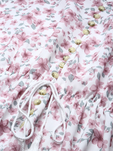 SHOWOFF Plus Floral Print Puff Sleeve Georgette Fit & Flare Knee Length Dress - Image 7