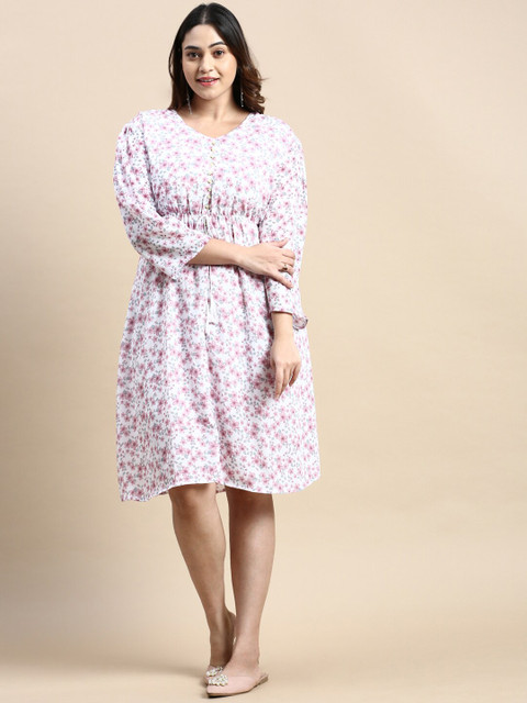 SHOWOFF Plus Floral Print Puff Sleeve Georgette Fit & Flare Knee Length Dress - Image 3