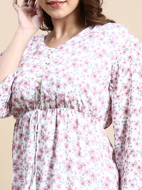 SHOWOFF Plus Floral Print Puff Sleeve Georgette Fit & Flare Knee Length Dress - Image 2