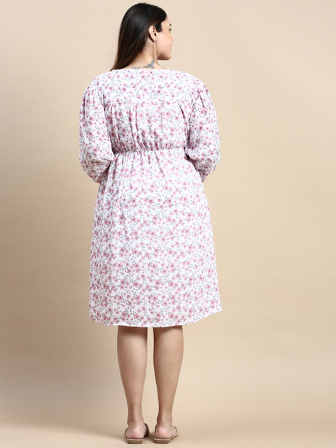 SHOWOFF Plus Floral Print Puff Sleeve Georgette Fit & Flare Knee Length Dress - Image 5