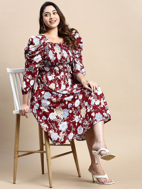 SHOWOFF Plus Plus Size Floral Printed Smocked Puff Sleeve Georgette Fit and Flare Dress - Image 6