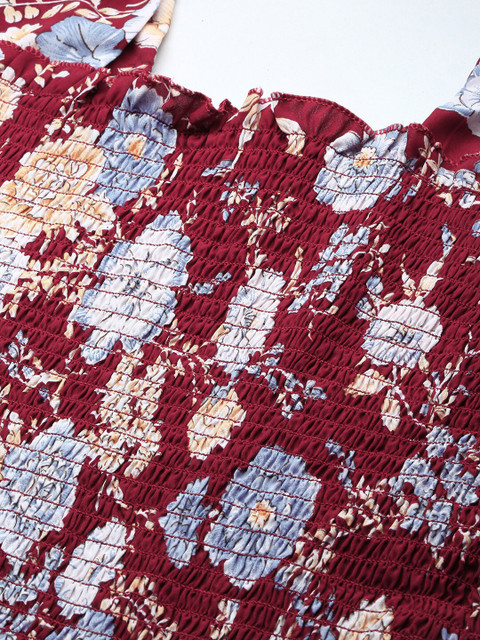 SHOWOFF Plus Plus Size Floral Printed Smocked Puff Sleeve Georgette Fit and Flare Dress - Image 7