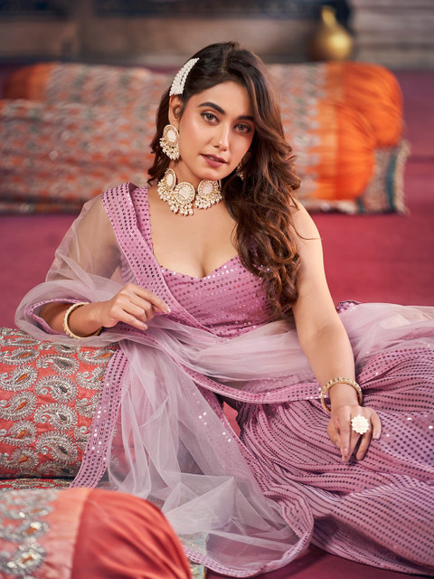 SHOPGARB Embroidered Sequinned Semi-Stitched Lehenga & Unstitched Blouse With Dupatta - Image 2