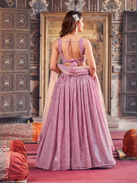 SHOPGARB Embroidered Sequinned Semi-Stitched Lehenga & Unstitched Blouse With Dupatta - Image 5