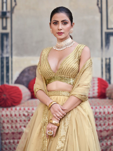 SHOPGARB Embroidered Sequinned Semi-Stitched Lehenga & Unstitched Blouse With Dupatta - Image 2