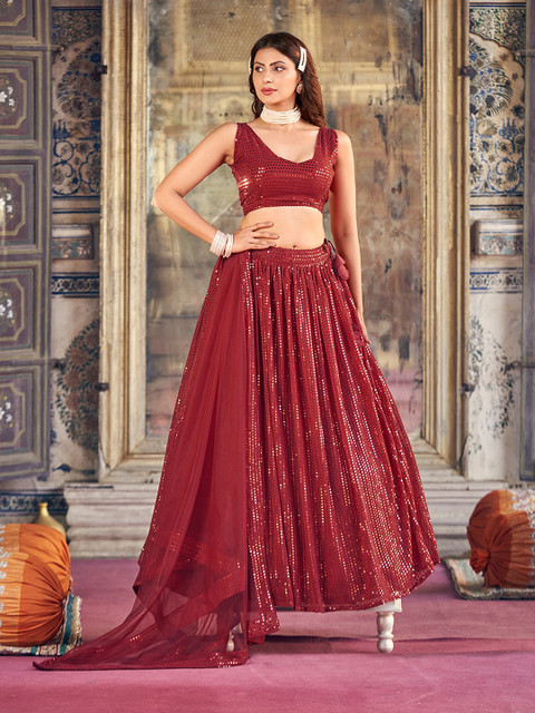 SHOPGARB Embroidered Sequinned Semi-Stitched Lehenga & Unstitched Blouse With Dupatta - Image 5