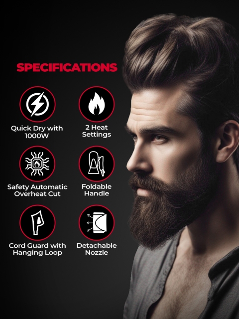 BEARDO Men Style Cannon Ultra-Compact 1000W Hair Dryer - Black - Image 3