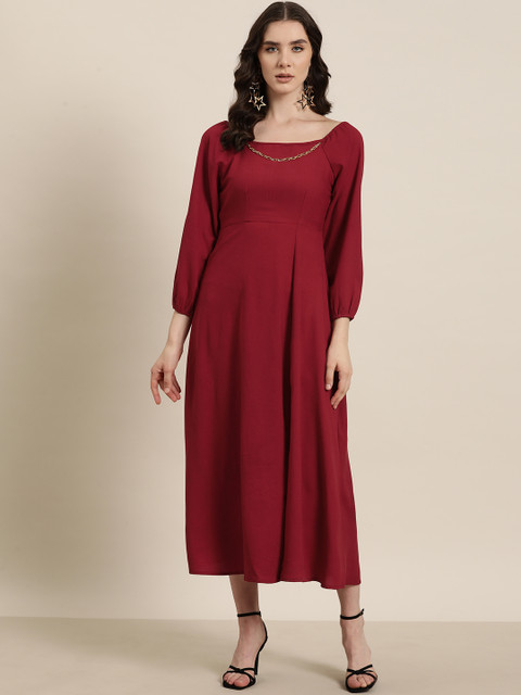 Qurvii Maroon Puff Sleeve Maxi Midi Dress