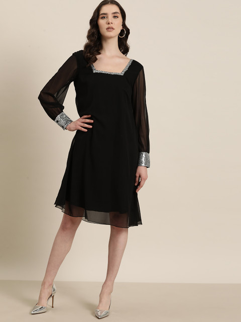 Qurvii Black Georgette A-Line Dress