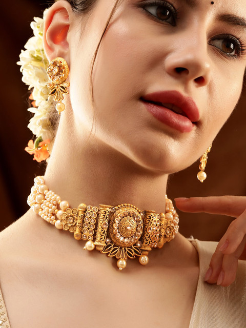 Rubans 22K Gold-Plated Pearl Beaded Multi-Strand Choker Set with Kundan & Floral Motifs