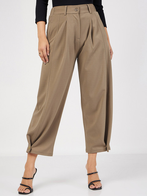 SASSAFRAS Women Beige Mid-Rise Cropped Pleated Parallel Trousers