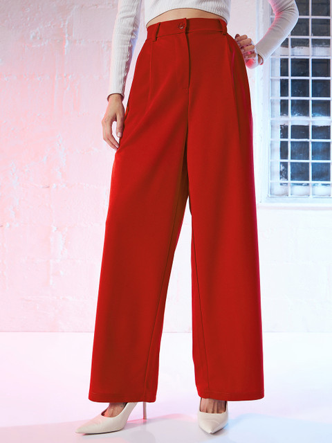 SASSAFRAS Women Red High-Rise Parallel Wide Leg Trousers