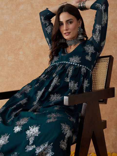 Sangria Floral Printed V-Neck Anarkali Kurta & Palazzos